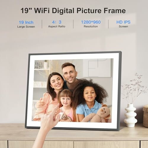 19-inch WiFi digital picture frame with family photo and specs.