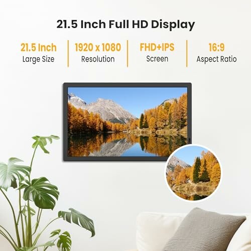 21.5 inch full HD display with large size, 1920x1080 resolution, FHD+IPS screen, and 16:9 aspect ratio.