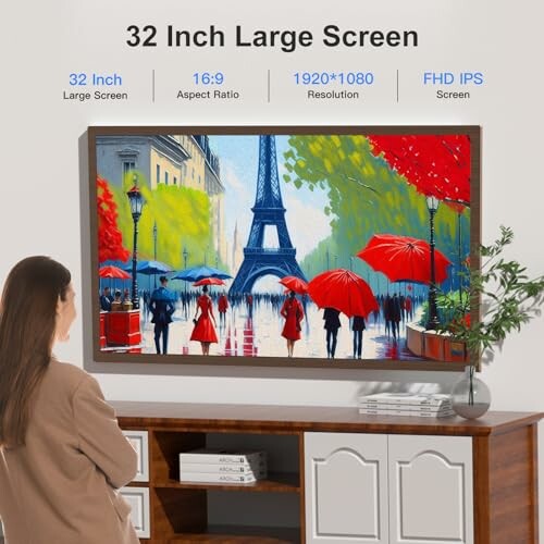 Person looking at a large screen displaying colorful art with Eiffel Tower.