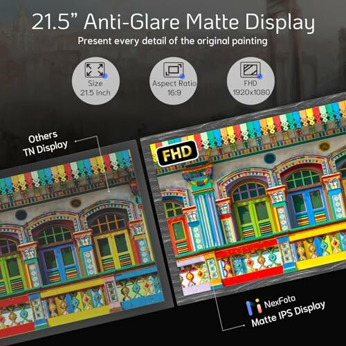 Comparison of NexFoto matte IPS display vs. others showing colorful building details.