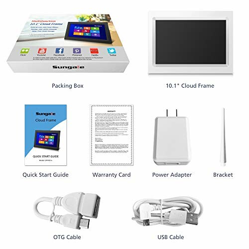 Cloud frame with accessories including packing box, quick start guide, warranty card, power adapter, bracket, OTG cable, and USB cable.