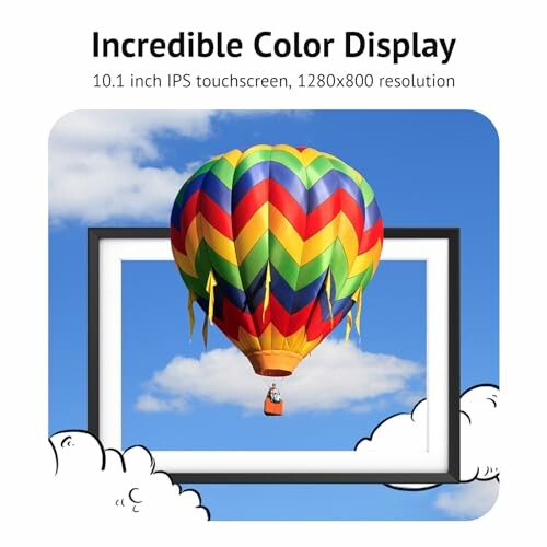 Colorful hot air balloon emerging from a frame, showcasing vivid display.