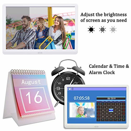 Digital calendar and clock display with brightness adjustment and alarm clock feature.