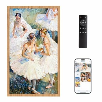 Digital frame displaying a ballet painting with remote and smartphone app.