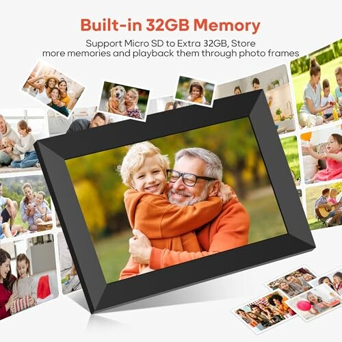 Digital photo frame with built-in 32GB memory displaying family photos.