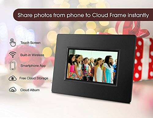 Advertisement for a digital photo frame with touch screen and cloud features.