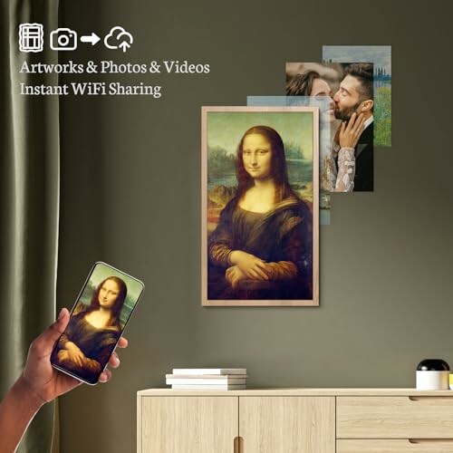 Digital photo frame displaying art and photos with instant WiFi sharing.