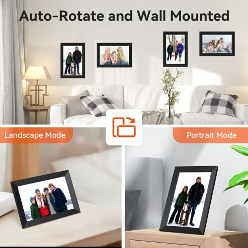 Digital photo frame displaying family pictures in landscape and portrait modes.