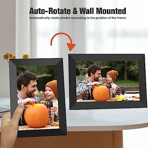 Digital photo frame with auto-rotate and wall mount feature showing family image.