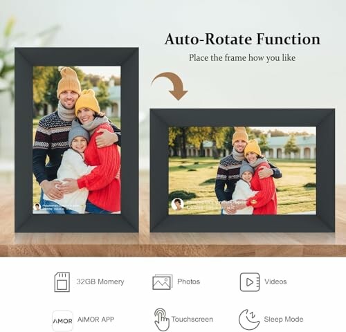 Digital photo frame showcasing auto-rotate function with family photo.