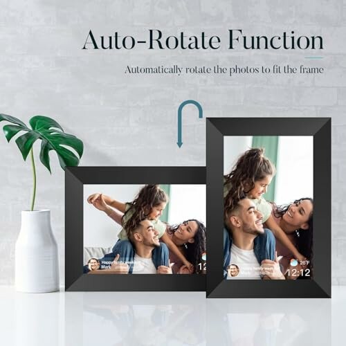 Digital photo frame with auto-rotate function displaying family photo.