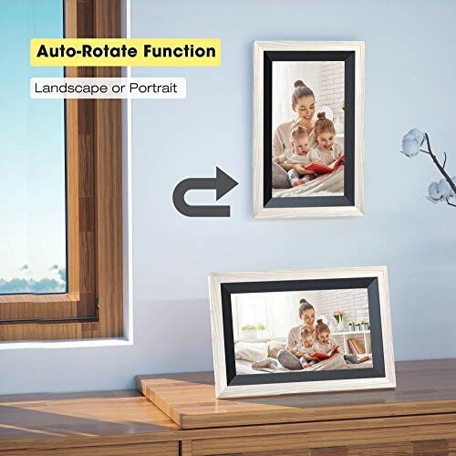 Digital photo frame with auto-rotate function displayed in landscape and portrait orientation.