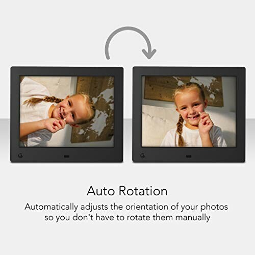 Digital photo frame showing auto-rotation feature with smiling girl.