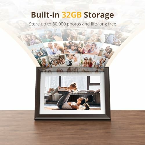 Digital photo frame with built-in 32GB storage displaying family images.