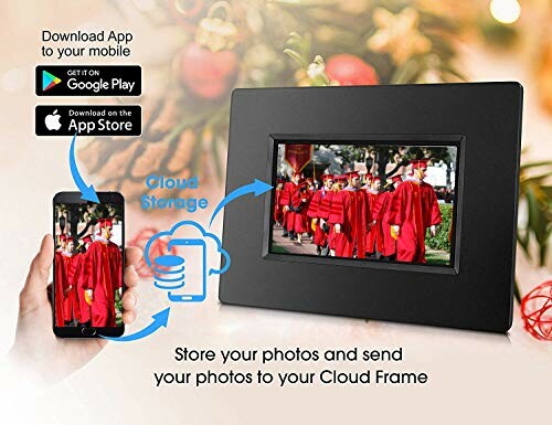 Digital photo frame with cloud storage and mobile app connectivity.