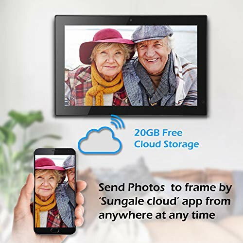 Digital photo frame displaying an elderly couple, with a smartphone showing the same image, highlighting cloud storage feature.