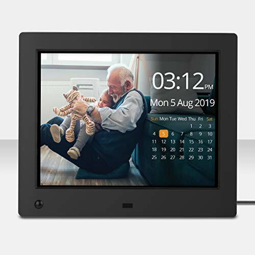 Digital photo frame displaying time, date, and image of a grandfather with a child.