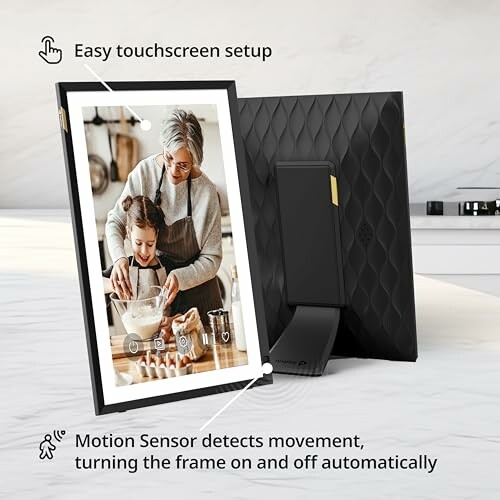 Digital photo frame with touchscreen setup and motion sensor.