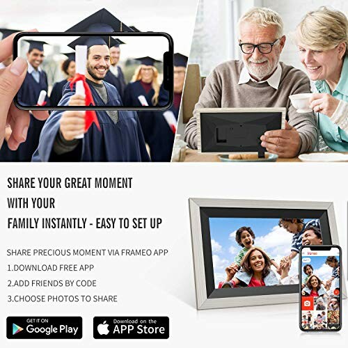 Family using digital photo frame to share moments.