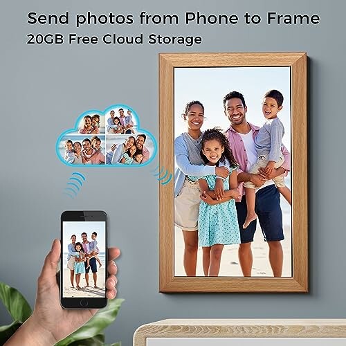 Family photo displayed on a digital frame with smartphone connectivity.