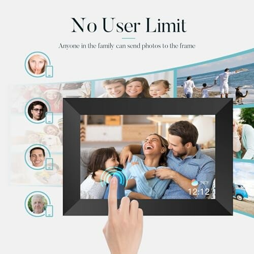 Digital photo frame displaying family pictures, emphasizing no user limit feature.