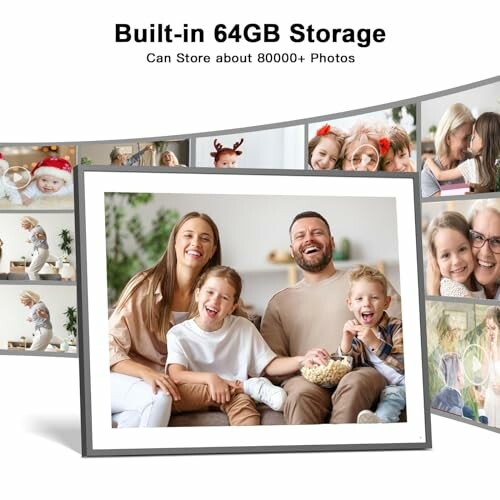 Digital photo frame displaying family pictures with built-in 64GB storage.