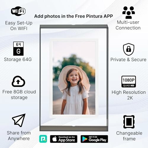 Digital photo frame with features like WiFi setup, multi-user connection, 64G storage, private and secure, free 8GB cloud storage, high resolution 2K, changeable frame.