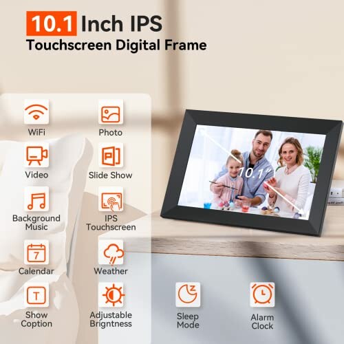 Digital photo frame with touchscreen and various features listed.