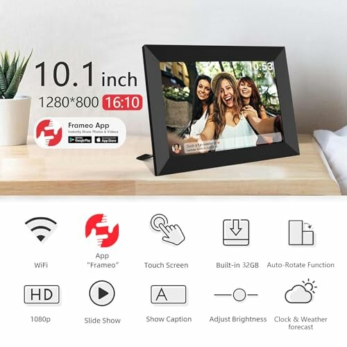 Digital photo frame with display features and functions.