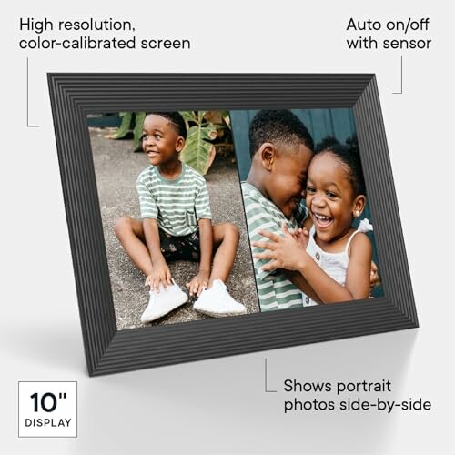 Digital photo frame showing two children with features highlighted.