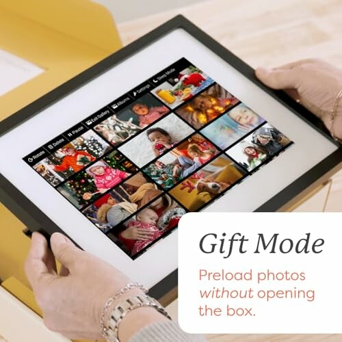 Hands holding a digital photo frame displaying multiple family photos with text 'Gift Mode: Preload photos without opening the box.'