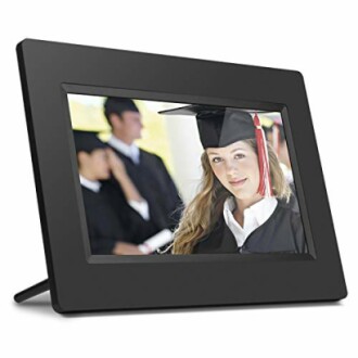 Digital photo frame displaying a graduate in cap and gown.