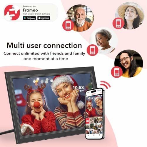 Digital photo frame with multi user connection feature, showing family and friends photos.