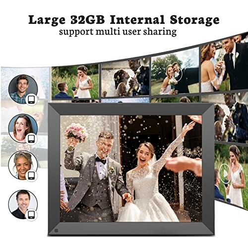 Digital photo frame showcasing wedding photos and multi-user sharing feature.