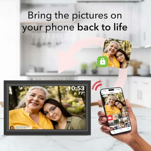 Digital photo frame syncing with smartphone displaying family photo.