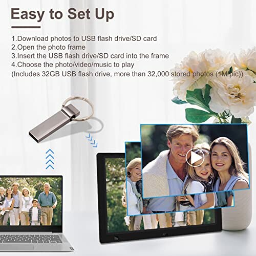 Digital photo frame setup with USB drive and family photos.