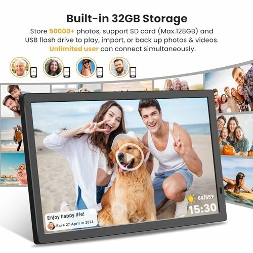 Digital photo frame with 32GB storage and family photos.