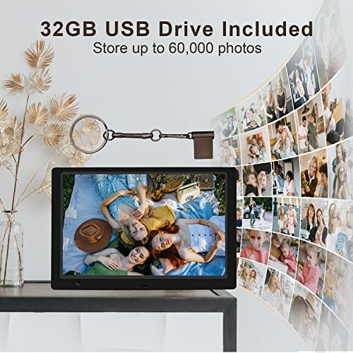 Digital photo frame with 32GB USB drive, displaying family photos.