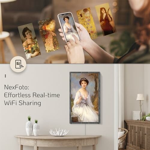 Digital photo frame displaying classic art portraits with real-time WiFi sharing.