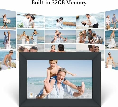 Digital photo frame displaying family beach moments, built-in 32GB memory.