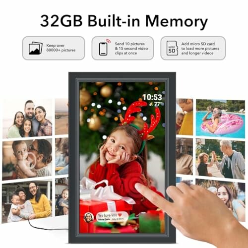 Digital photo frame with 32GB memory displaying images and features.