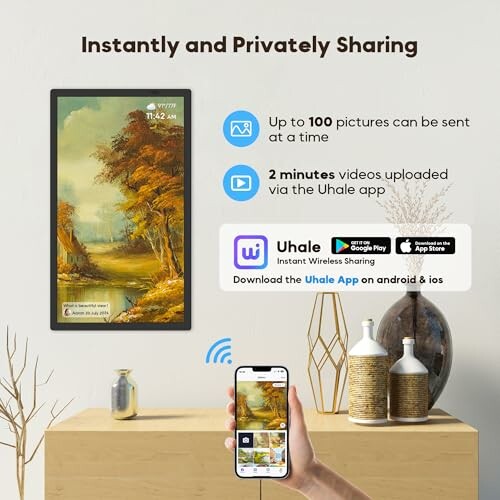 Phone sharing photos to a digital display with Uhale app.