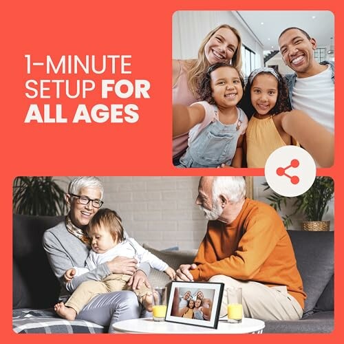 Collage showing a family taking a selfie and grandparents with a digital photo frame.