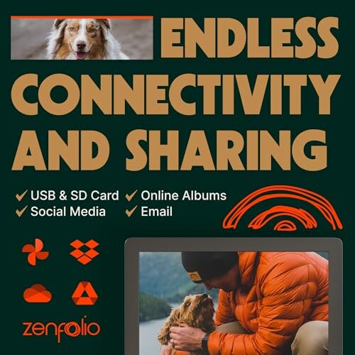 Man with dog promoting connectivity and sharing options like USB, SD card, social media, online albums, and email.