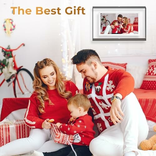 Family exchanging Christmas gifts in festive room.