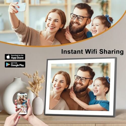 Family taking selfie with digital photo frame and instant wifi sharing feature.