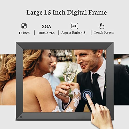 Large 15 inch digital photo frame displaying a couple celebrating with champagne, touchscreen feature highlighted.