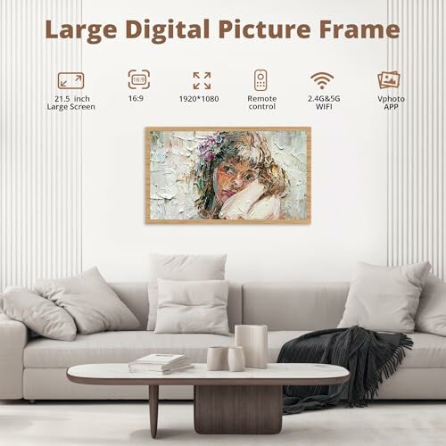 Living room with large digital picture frame above sofa.