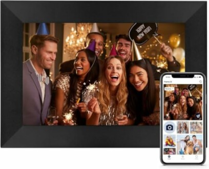 Group of people celebrating New Year with party hats and sparklers, accompanied by a smartphone displaying photos.