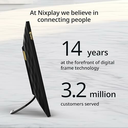 Nixplay digital frame with text highlighting 14 years of service and 3.2 million customers.